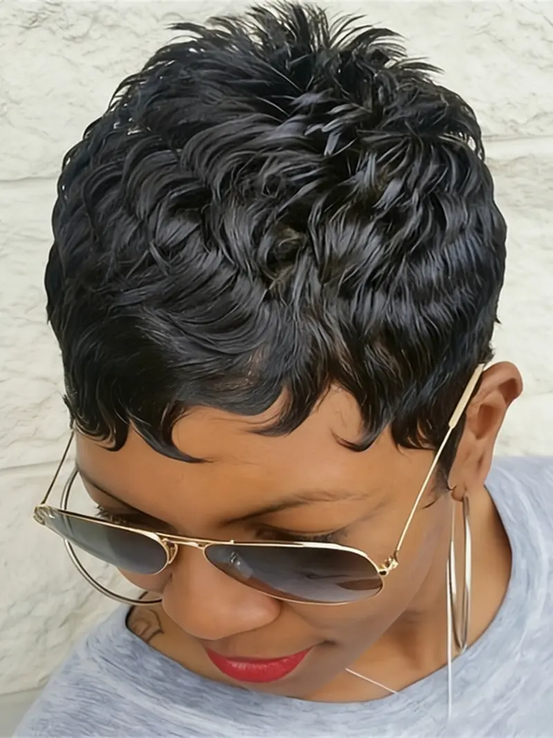 Curly Pixie Cut Human Hair Wig Glueless Layered With Bangs Daily Use Amazon.com : Zorssar Bangs Pixie Cut Curly Wig for Black  main image 2