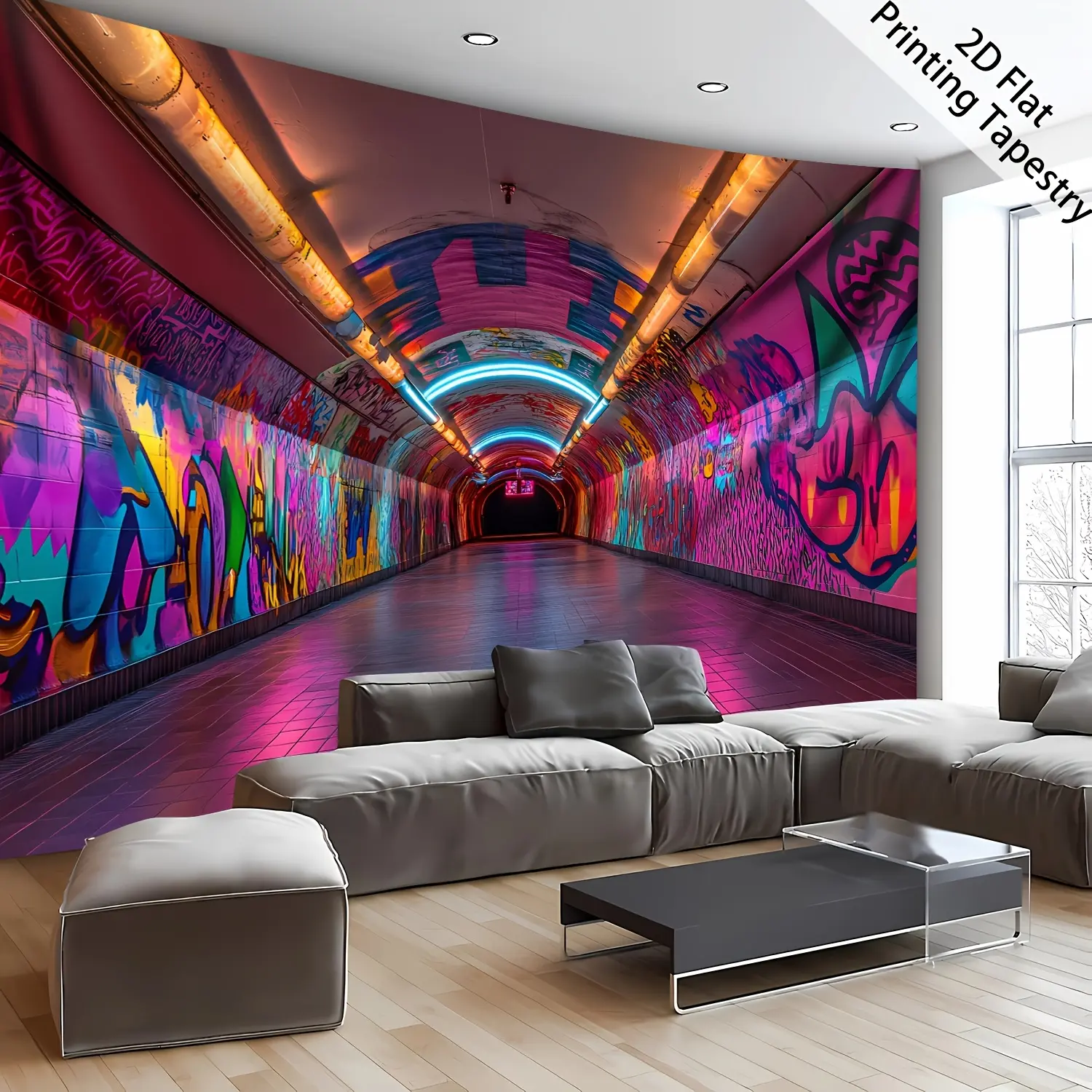 [2D Flat Printing] 1 piece - extra large size - arched graffiti tunnel - Living Room - HD digital printing decorative tapestry wall mural - polyester fiber - home decoration - free hanging clip