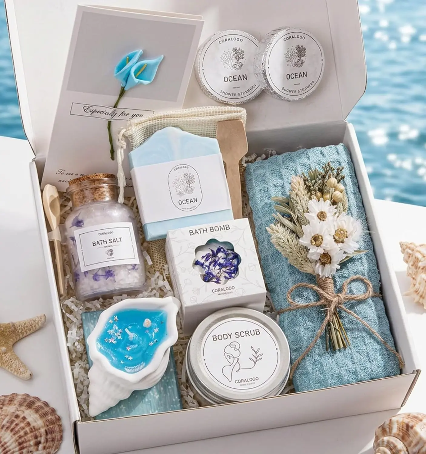 Spa Gifts for Women - 11pc Self-care Spa Gift Basket with Scented Candle, Bath Salt, Greeting Card - Thinking of You Basket for Her Birthday, Christmas, Mother's Day, Valentine's Day