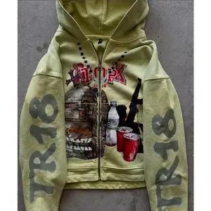 Trendy 2000s printed pattern zipper hoodie, street hip-hop loose casual sweatshirt, versatile couple suit(gift)