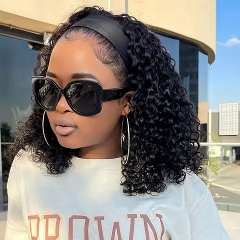 BLING HAIR Women's Glueless 180% Density Deep Curly Brazilian Remy Human Hair Headband Wig - Full Machine-Made Black Curly Wig with Highlights, Long-Lasting Over 12 Months, Straighten-Able for Sleek Looks, Black Curly Wig Human Hair, Wigs Human Hair