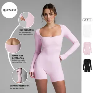 LUMENNEST Women's Workout Solid Color Lace Square Neck Long Sleeve Seamless Bodysuit, Minimalist Stretch Shapewear, Sport & Outdoor Clothing