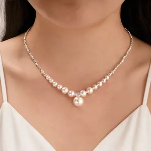 Vintage Shattered Shadows 17-20 inches Crystal Pearls Silver Chain Necklace Sparkling Bracelet 10mm Earrings Set for Women Daily Gift Jewelry