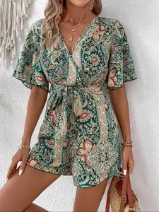 Women's All Over Print Belted Romper, Casual Jumpsuits V Neck Short Sleeve Romper for Holiday Vacation, Ladies Clothes for Summer, Womenswear