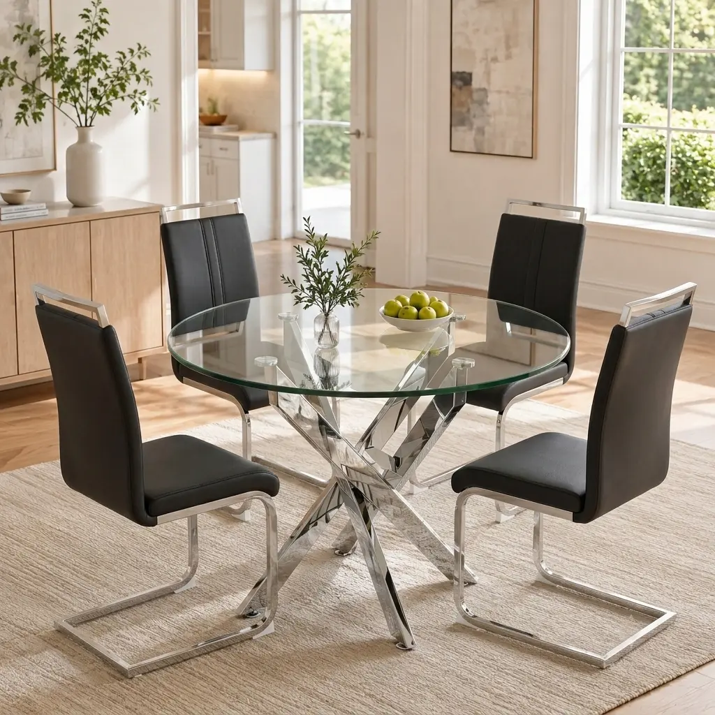 36 in Durable Round Dining Tables for 4, Modern Indoor Furniture with Silver Chrome Metal Tubular Legs, Tempered Glass Top, Stable and Won't Shake, Space-Saving for Kitchen & Apartment