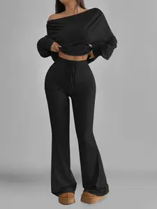 One Shoulder Long Sleeve Loose Knit Crop Top and High Waist Drawstring Slim Fit Vintage Flared Pants, Casual Plain Style Chic Aesthetic Women's Clothes