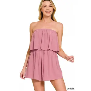 Zenana Woven Crinkle Strapless Rompers
