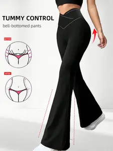 Women's High Waist Flare Yoga Pants, Cross Waist Design, Comfortable Fashion Sporty Tight Fit, Solid Flare Leggings, All Seasons Fitness Leggings