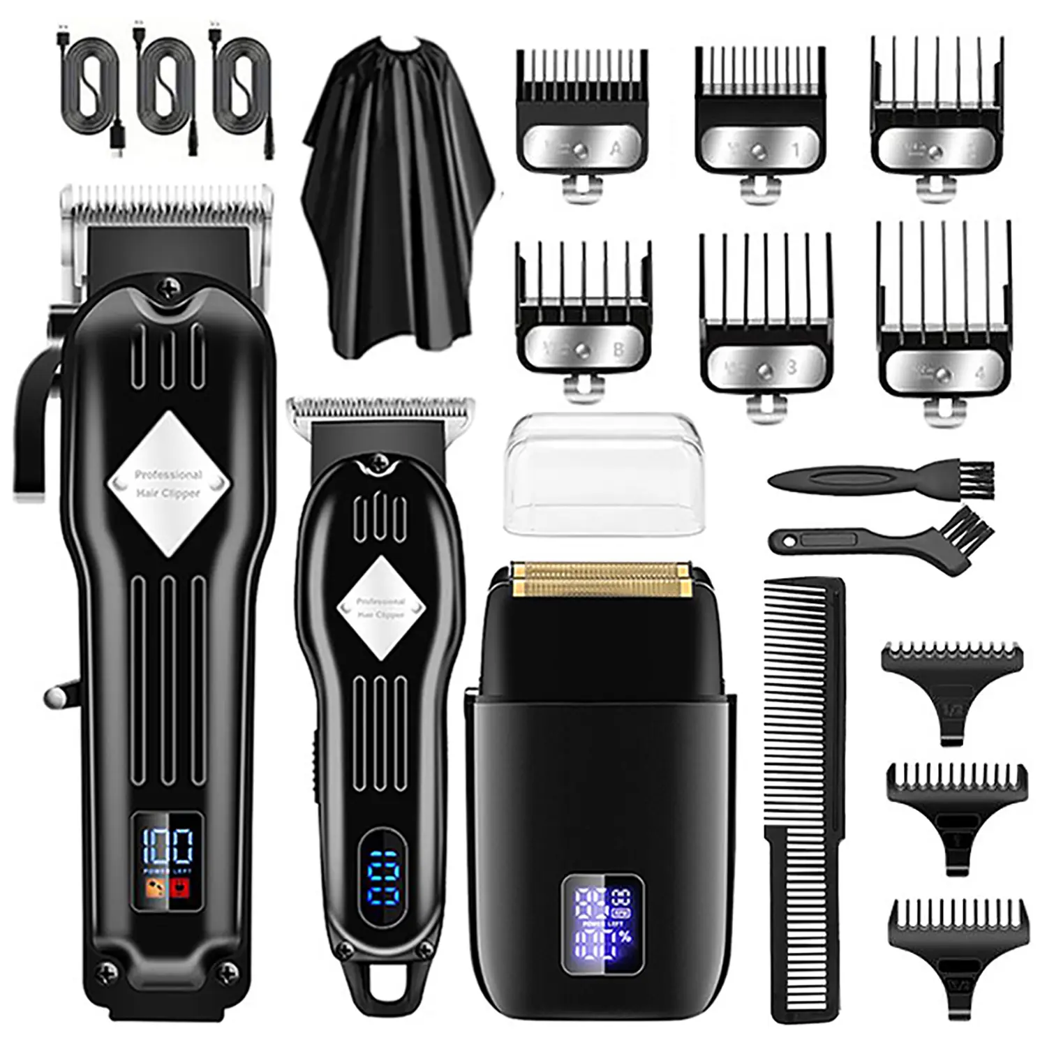 Men’s 3-Piece Professional Hair Cutting & Trimming Set – USB Rechargeable Hairdressing Kit featuring a Liquid Crystal Display, Adjustable Head Attachment Clipper, and Professional Men’s Trimmer