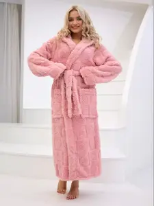 Women's Coral Fleece Bathrobe, Hooded Long Sleeve Sleepwear, Warm Thickened Padded Robe with Drawstring & Dual Pockets