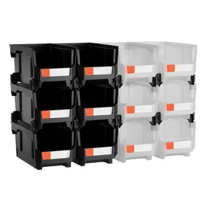 Plastic Stackable Storage Bins, 14.8 x 8.5 x 7.1 inch (12 Pack), Plastic Containers for Organizing & Storage Bins for Garage, Small Parts, Office Supplies, Other Accessories, Black & Transparent