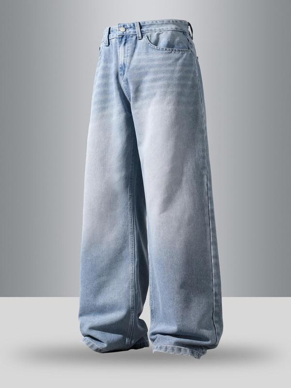 Men's vintage washed loose straight-leg jeans, casual four-season street style, zipper fly, solid color pattern, daily wear denim pants. If you prefer a looser fit, order one size larger.