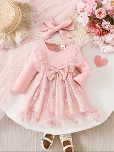 Girls' Bow Street Style Long Sleeve Princess Butterfly Print Dress, Elegant Kids Fashion, Perfect for Parties & Daily Wear