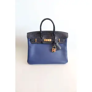 Pre-owned HERMÈS Designer Handbag/Wallet Birkin 25 Bleu Navy Taurillon Novillo with Alligator Touch GHW Drop 11