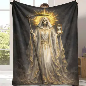 Golden Halo Grim Reaper Flannel Blanket Gothic Hourglass and Scythe Design Soft Warm Durable Cozy for Bedroom Living Room Halloween Gift Holiday Decor