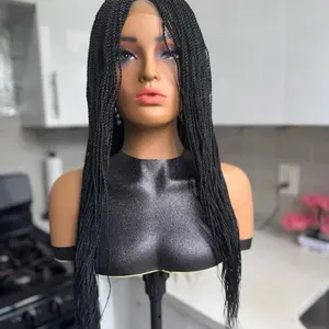 Handmade 28" Micro Twist Braided Wig: Black with 2x6 Lace Closure
