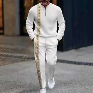 Men's Multi-Color Half-Zip Stand Collar Sports Set, Side Pattern Daily Casual Sweatshirt 2-Piece