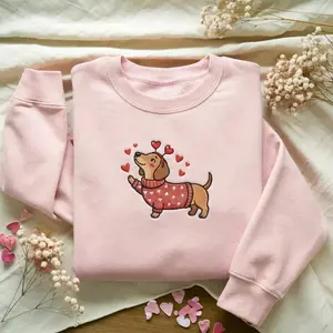 [MADE IN US] Embroidered Dachshund Valentine's Day Sweatshirt, Valentine Shirt, Dog Valentines Day, Sausage Dogs Shirt, Dog Lovers Gift, Dog Mama Shirt