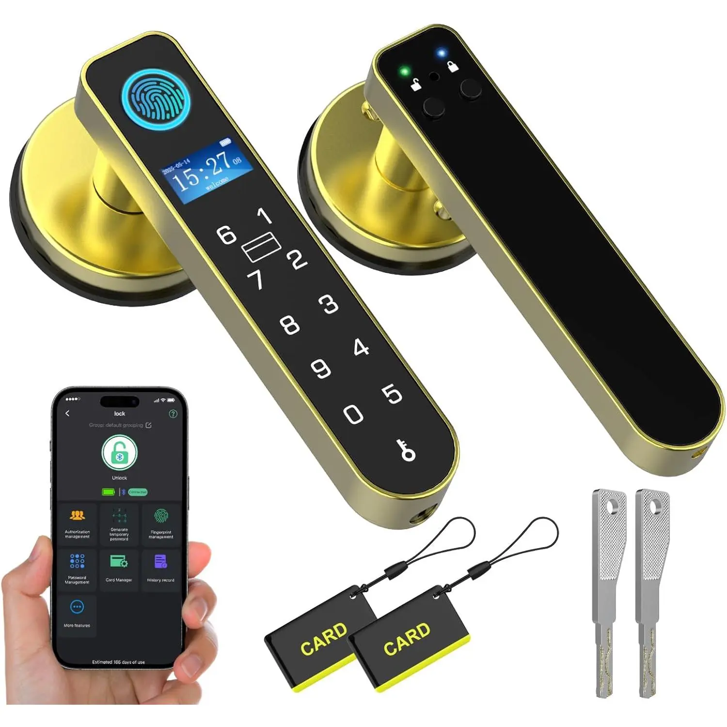 Door Knob Lock with Display Screen, Biometric Door Lock with Code Door Handle for Bedroom Home Hotel Office Apartment - Gold