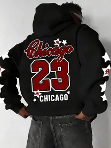 Men's Fall Winter Casual Trendy Chicago 23 Hoodie, Sports Theme Print, Warm Fabric, Fashionable Choice, Fitted Style
