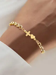 Heart Shaped Initial Cross Pendant Bracelet for Women, Vintage Stainless Steel Chain, Casual Style, All Seasons Wear
