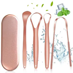 4-Pack Tongue Scraper for Adults and Kids, 100% Stainless Steel Tongue Scraper with Travel Case, 4 Shapes, Perfect for Bad Breath & Oral Hygiene, Easy to Use and Carry, Rose Gold