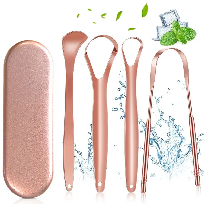 4-Pack Tongue Scraper for Adults and Kids, 100% Stainless Steel Tongue Scraper with Travel Case, 4 Shapes, Perfect for Bad Breath & Oral Hygiene, Easy to Use and Carry, Rose Gold