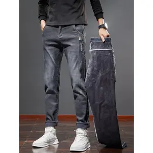 Men’s winter fleece-lined jeans, slim-fit stretch denim jeans, casual fashion for outdoor activities, comfortable loose-fit daily wear