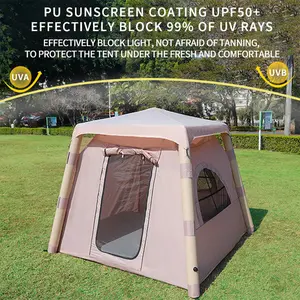 4-Post Camping Tent 3-4 People Easy Setup Inflatable Tent Khaki 300D Oxford Cloth Waterproof UV Protection Double-Layer Air Column Outdoor Adventure