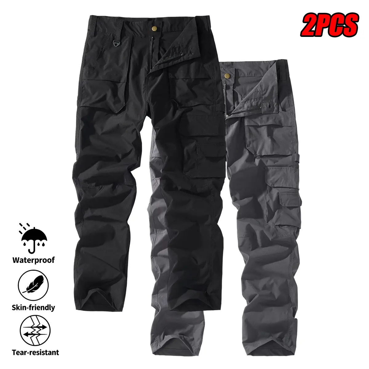 2Pcs Men's Outdoor Tactical Cargo Pants, Casual Hiking and Mountaineering Tactical Pants, Multi-Pocket Work Pants, Adjustable Waist for Easy Daily Wear, Scratch-Resistant, Breathable, Tear-Resistant