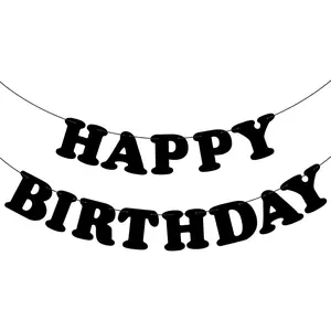 Black Happy Birthday Banner Birthday Party Decorations Sign Backdrop Bunting Banner Party Supplies for Kids Adults
