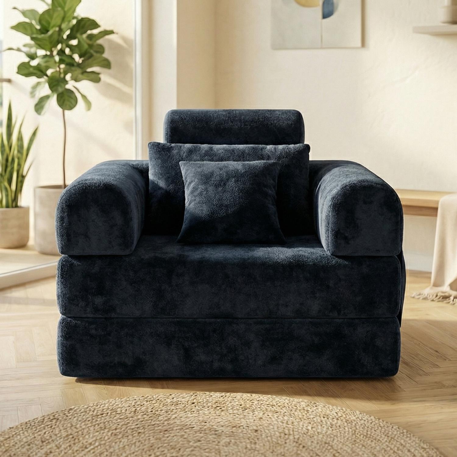 Deep seated single person modular living room bedroom convertible folding sofa bed, comfortable and soft corduroy fabric boneless and installation free with fixed frame design
