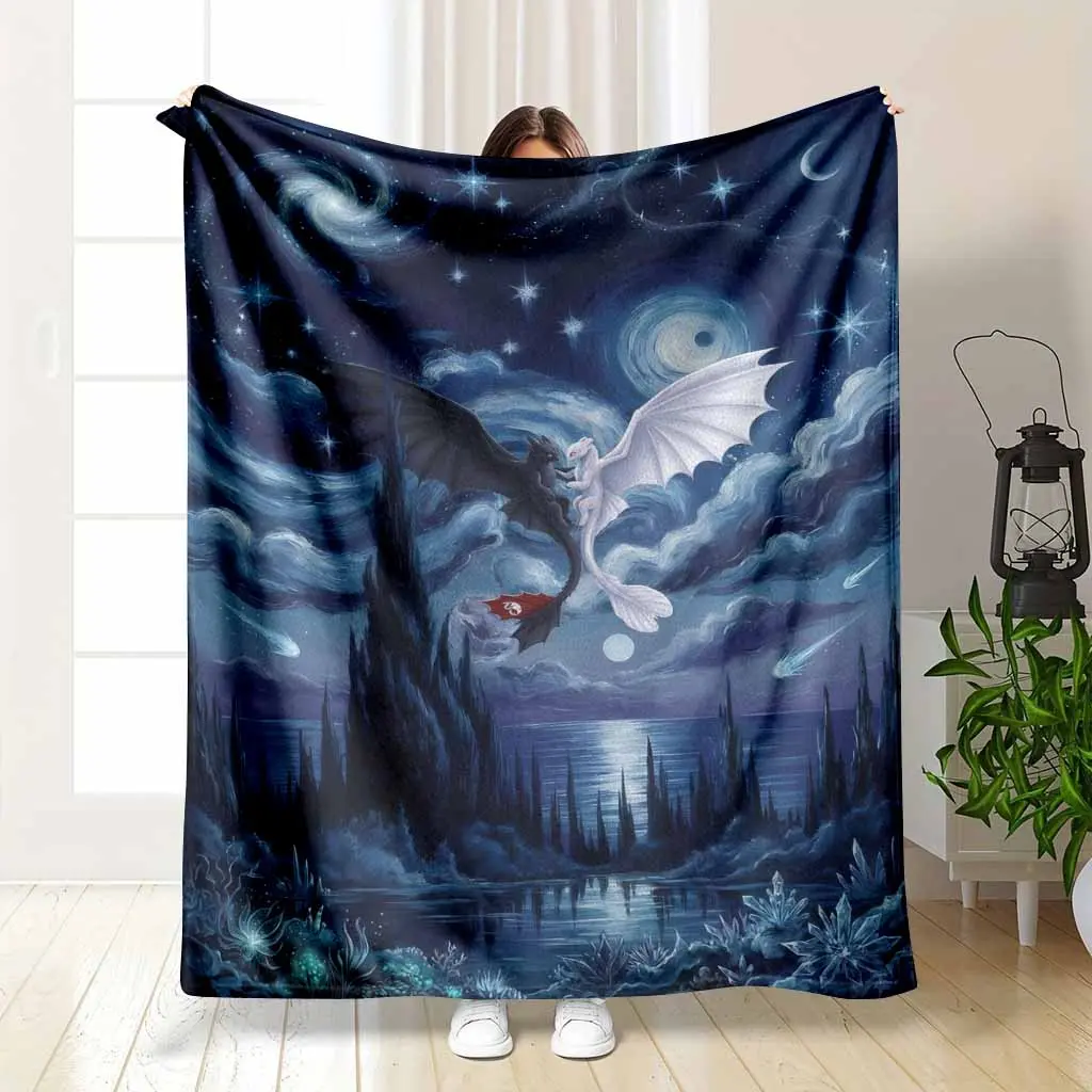 Mystical Night Sky Dragon Flannel Throw Blanket, Fantasy Galaxy Moon and Star Print, Soft Warm Lightweight Cozy Bedding, Home Decor Blanket for Bedroom, Sofa Napping, Romantic Gift, Flannel Throw Blankets