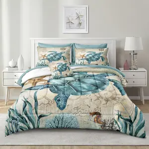 8 Pieces Blue Green Comforter Set Queen Size Ocean Life Bed in a Bag Turtle Beach Bedding Set Hawaii Style Summer Lightweight Bedding Comforter Set