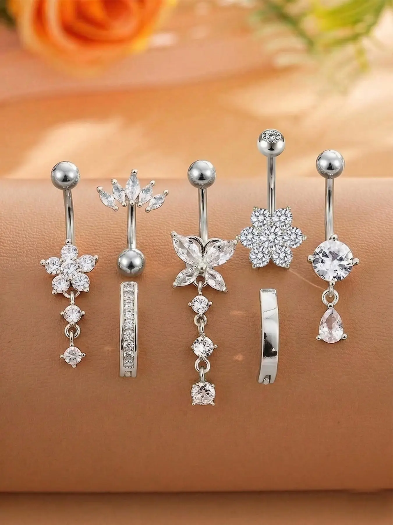 7pcs Stainless Steel Belly Rings Navel Ring Set, Butterfly, Waterdrop, Fan Shape, Zirconia Inlaid, 18K Gold Plated, Suitable For Beach, Holiday, Daily Wear, Body Jewelry, Zirconia Inlays