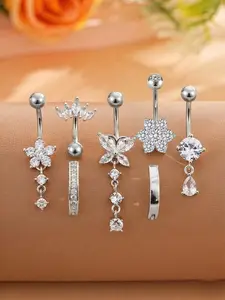 7pcs Stainless Steel Belly Rings Set, Butterfly, Waterdrop, Fan Shape, Zirconia Inlaid, 18K Gold Plated, Suitable For Beach, Holiday, Daily Wear