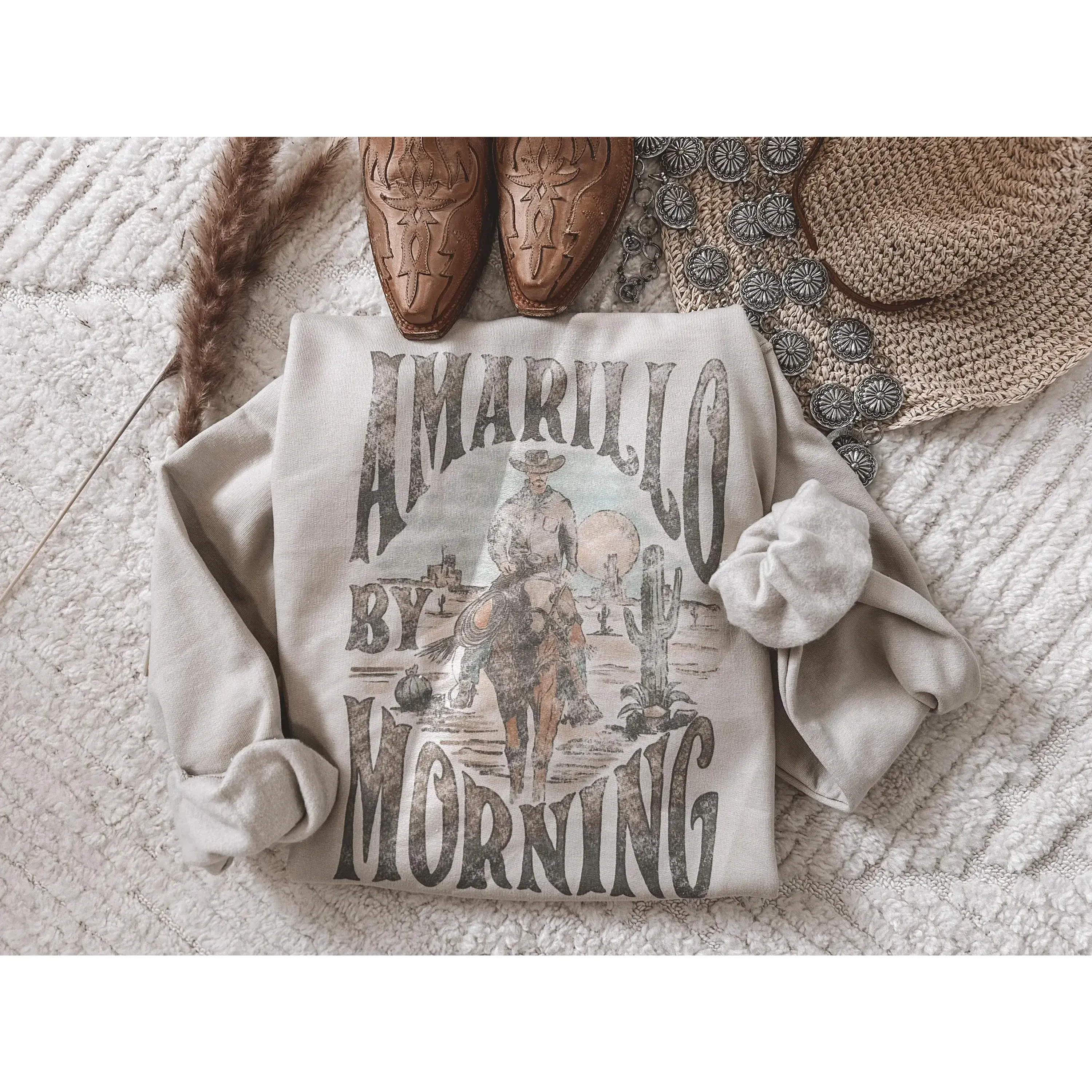 Amarillo by Morning crewneck sweatshirt t-shirt, western stuff, western outfits women tops, cowgirl stuff, western clothes, western graphic tees shirts for women, country girl concert outfits gifts