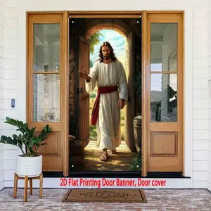 Jesus opens religious door banner, durable polyester hanging decoration, suitable for Easter, church, home, Living Room - indoor/outdoor party decoration, gift entrance, room, garden wall decoration, home decoration, room decoration