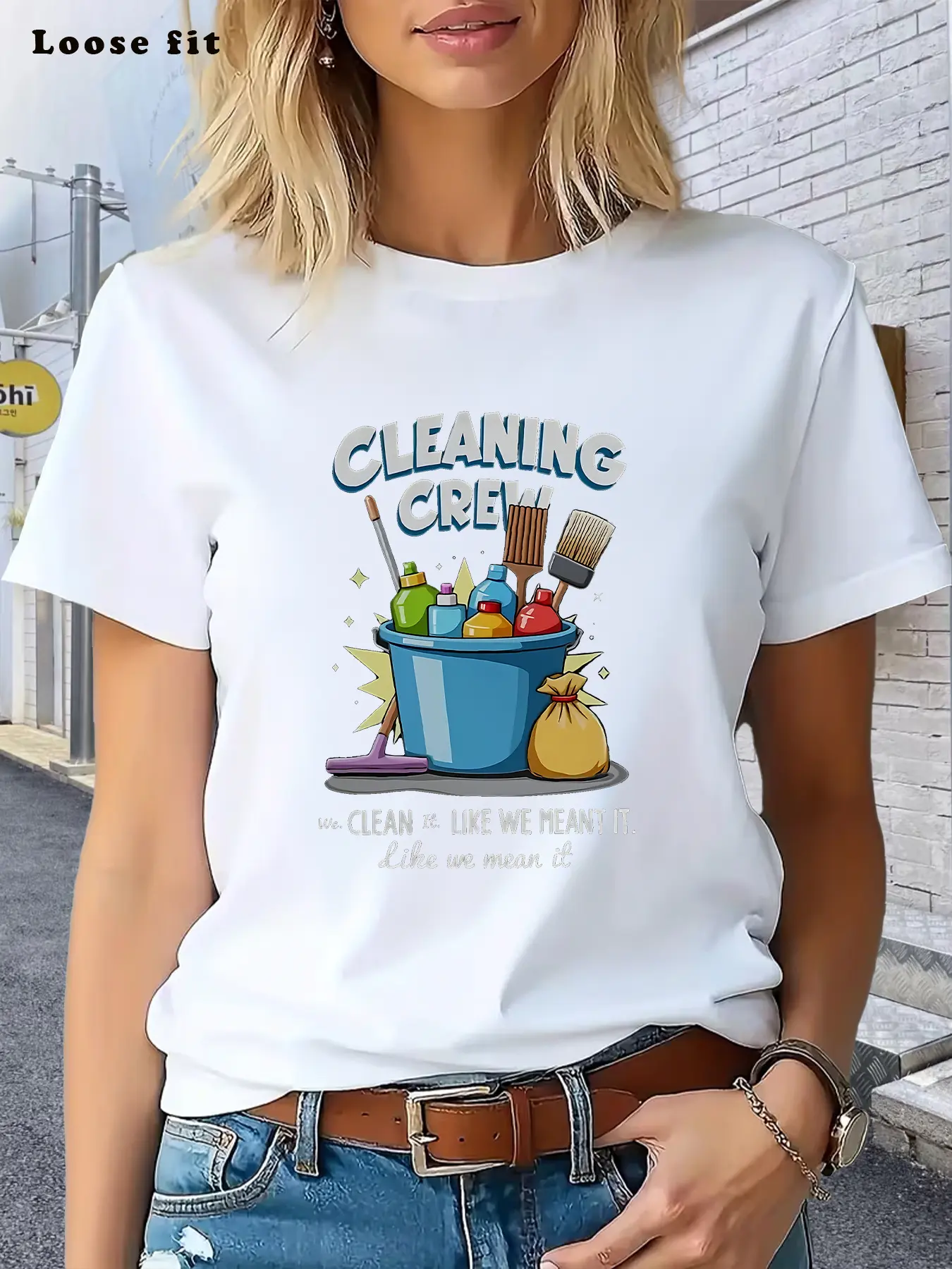 Cleaning Crew T Shirt Blue Cleaning Supplies And Tools with Bold Text for Home Cleaning And Housekeeping Tasks