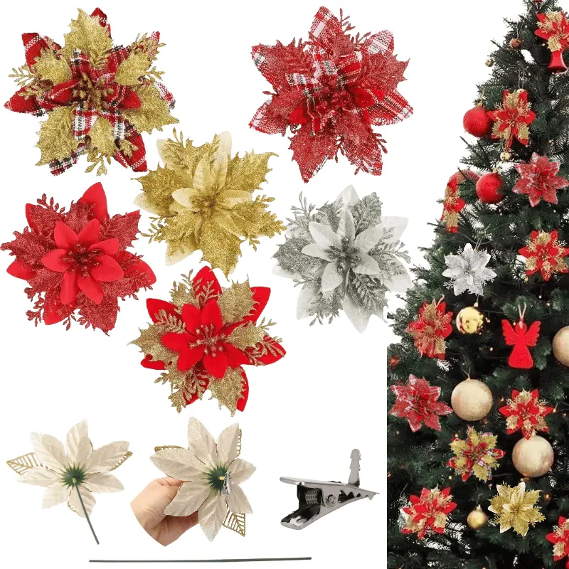 24 package Gold/Red/Silver Poinsettia Sparkling Flower Artificial Poinsettia with Clips Christmas Decor Glitter Poinsettia Christmas Ornaments Christmas Tree Flower Decorations with Stems DIY Xmas Wreath Holiday Party Decor