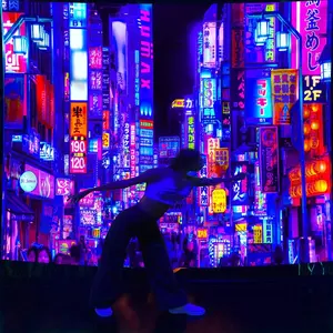 1pc Polyester Rectangular Punk-Style Tokyo City Night View Fluorescent Figure Print Hand-Stitched Hanging Wall Tapestry, Home Decor Cloth with Free Accessories, Room Accessories for Bedroom, Living Room