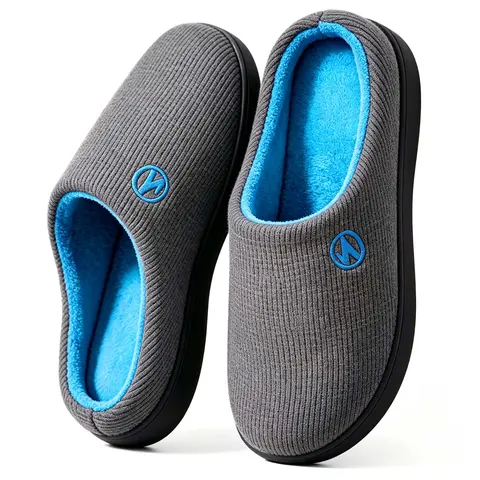 Unisex 2-Tone Gray & Blue Memory Foam Slippers - Open Slip-On Fabric Upper House Shoes, Durable Rubber Sole, Round Toe Footwear for Indoors/Outdoors