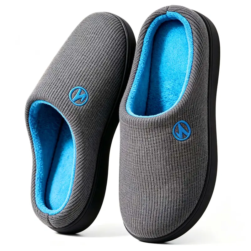 Unisex 2-Tone Gray & Blue Memory Foam Slippers - Open Slip-On Fabric Upper House Shoes, Durable Rubber Sole, Round Toe Footwear for Indoors/Outdoors
