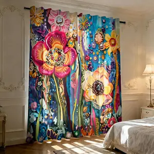 Bohemian style 2pcs colorful floral printed filter curtains, Home decoration curtain, made of 100% polyester material, with a romantic atmosphere, suitable for trendy home scenes such as personalized homestays, art living rooms