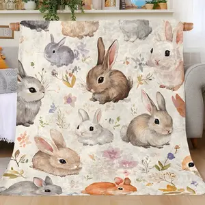 Watercolor Easter Bunny Rabbit Lover Gift Soft Cozy Flannel Blanket Vintage Floral Bunny Print Plush Throw Warm Fuzzy Bedroom Sofa Blanket Perfect Easter Birthday Holiday Gift for Women Girls Kids Toddlers Home Decor