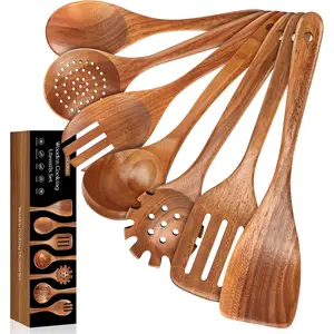 7 count Wooden Spoons for Cooking  Teak Kitchen Utensils Smooth Non-Stick Surface Cooking Utensils Set Soft Comfort-Grip Wooden Utensils for Cooking