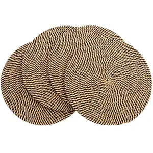 Farmlyn Creek Set of 4 Round Jute Placemats for Table, Woven Charger Mats for Plates (Blue and Tan Pattern, 13 in)