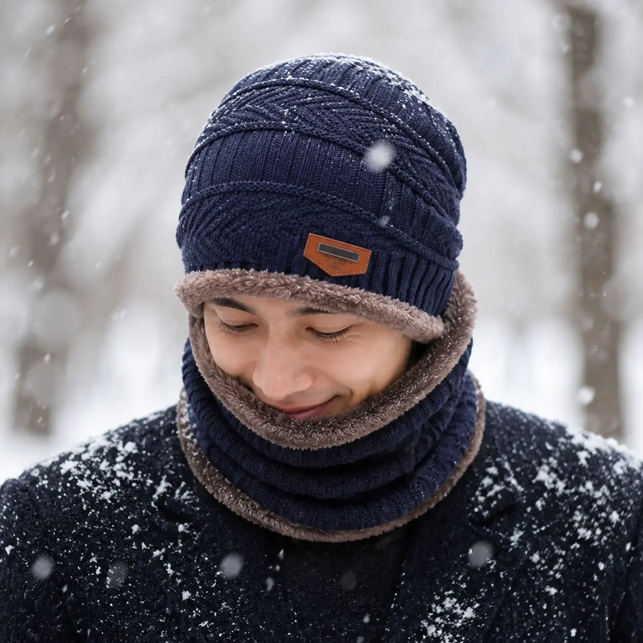 Men's 2-Piece Knitted Hat & Scarf Set - Winter Fashion Accessory Set with Inner Fleece Lining