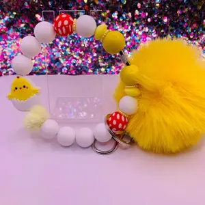 Keychain Wristlet - Yellow Plush Design with Red and White Beads, Includes Decorative Elements and Keyring Attachment