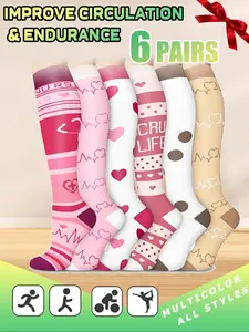 6 pairs of men's and women's compression socks wide calf men's and women's booster socks for circulation, running, nurses, pregnant women Support for blood circulation Various colour patterns available Heart